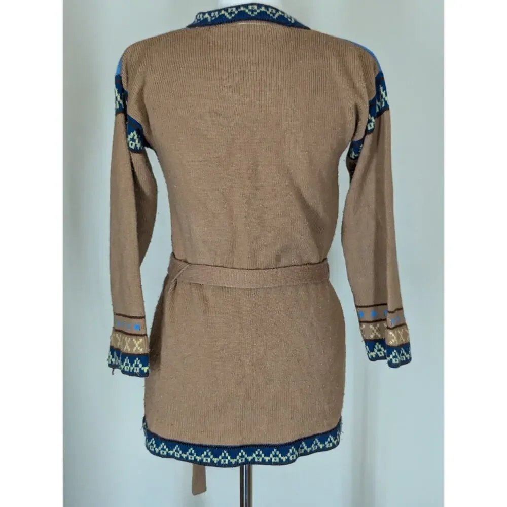 Vintage 1980s Knit Cardigan Sweater Sm Brown Open Front Wrap Belted Cottagecore